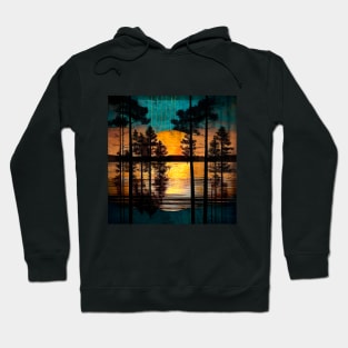 Golden Sunset Horizon Trees Silhouettes Serene Teal Lake Reflections Hoodie